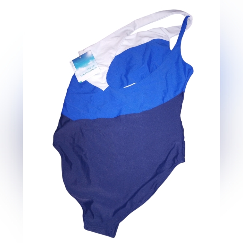 Wil Lit Blue & White One-Shoulder Color Block Swimsuit 50 SPF Size XL NWT - Picture 2 of 7